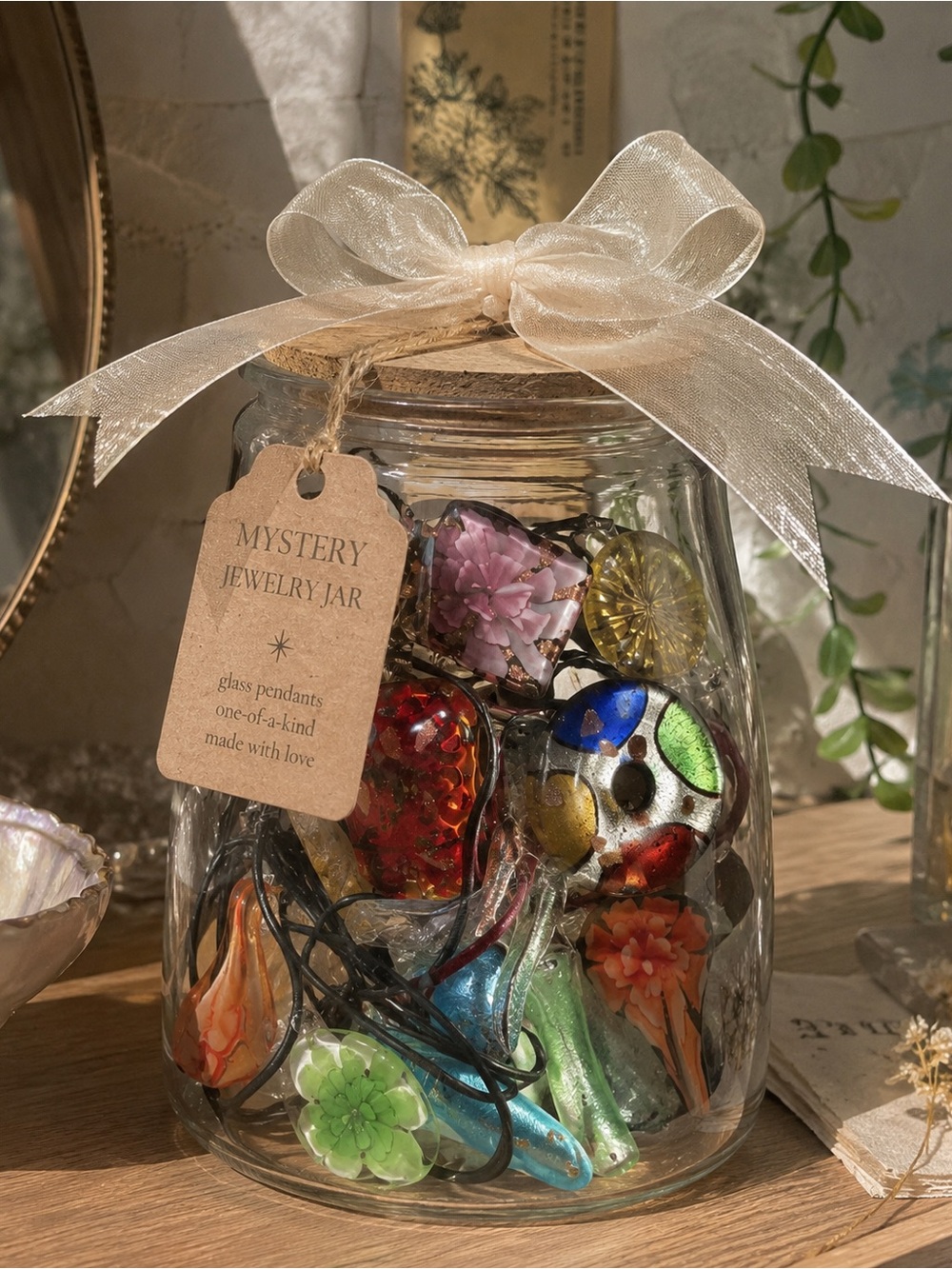 Mystery Glass Jewelry Jar — Multicolor Floral Pendants